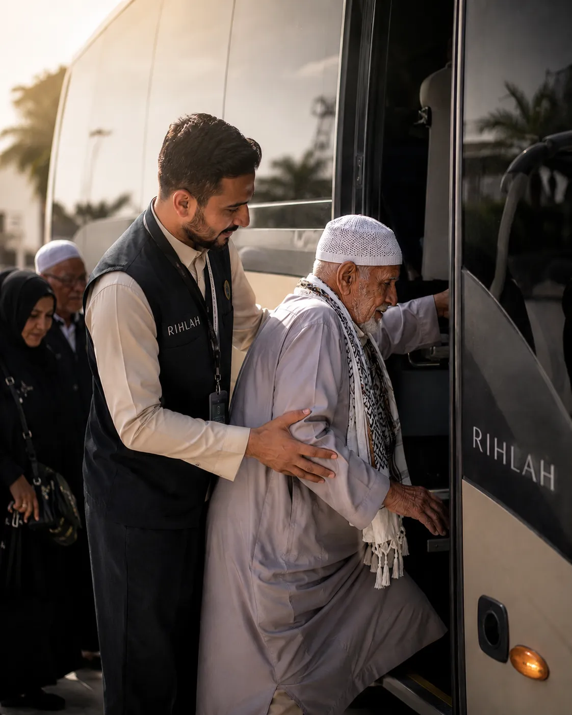 Muthawif membantu jamaah sepuh menaiki bus